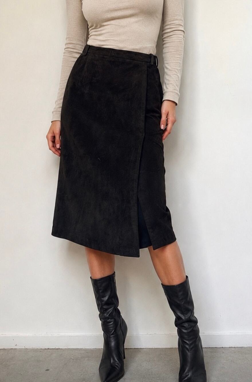 Vintage Carlisle Black Suede leather Wrap Pencil Midi minimalist quiet luxury 4